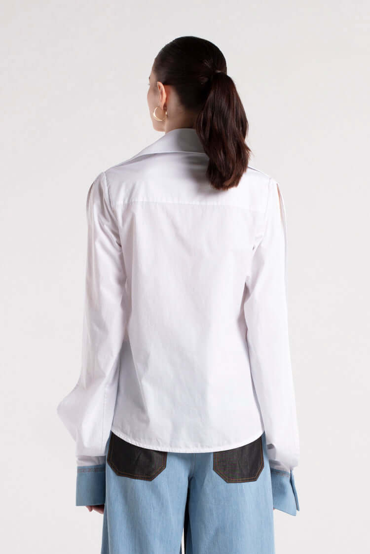 GROV - Wide Collar Double Breasted White Shirt MAYAMU
