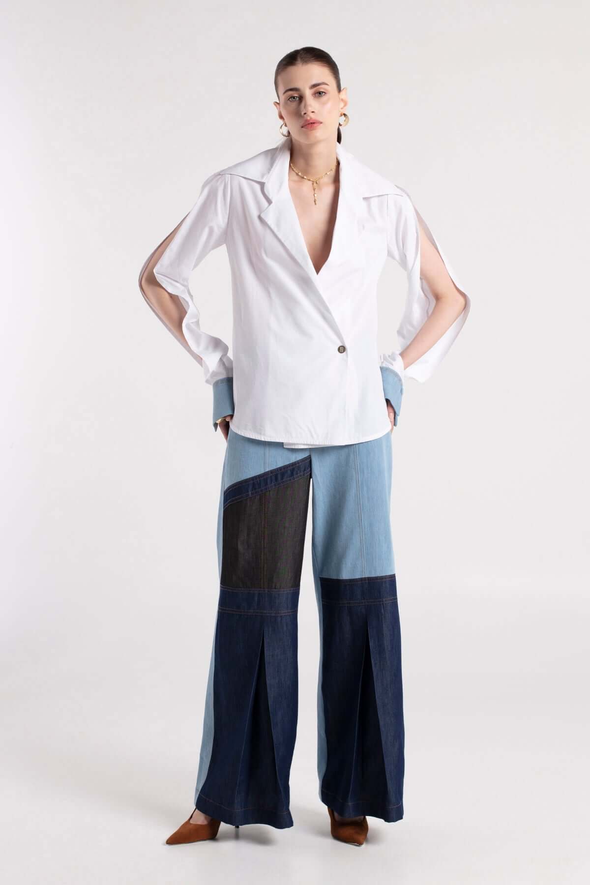 GROV - Wide Collar Double Breasted White Shirt