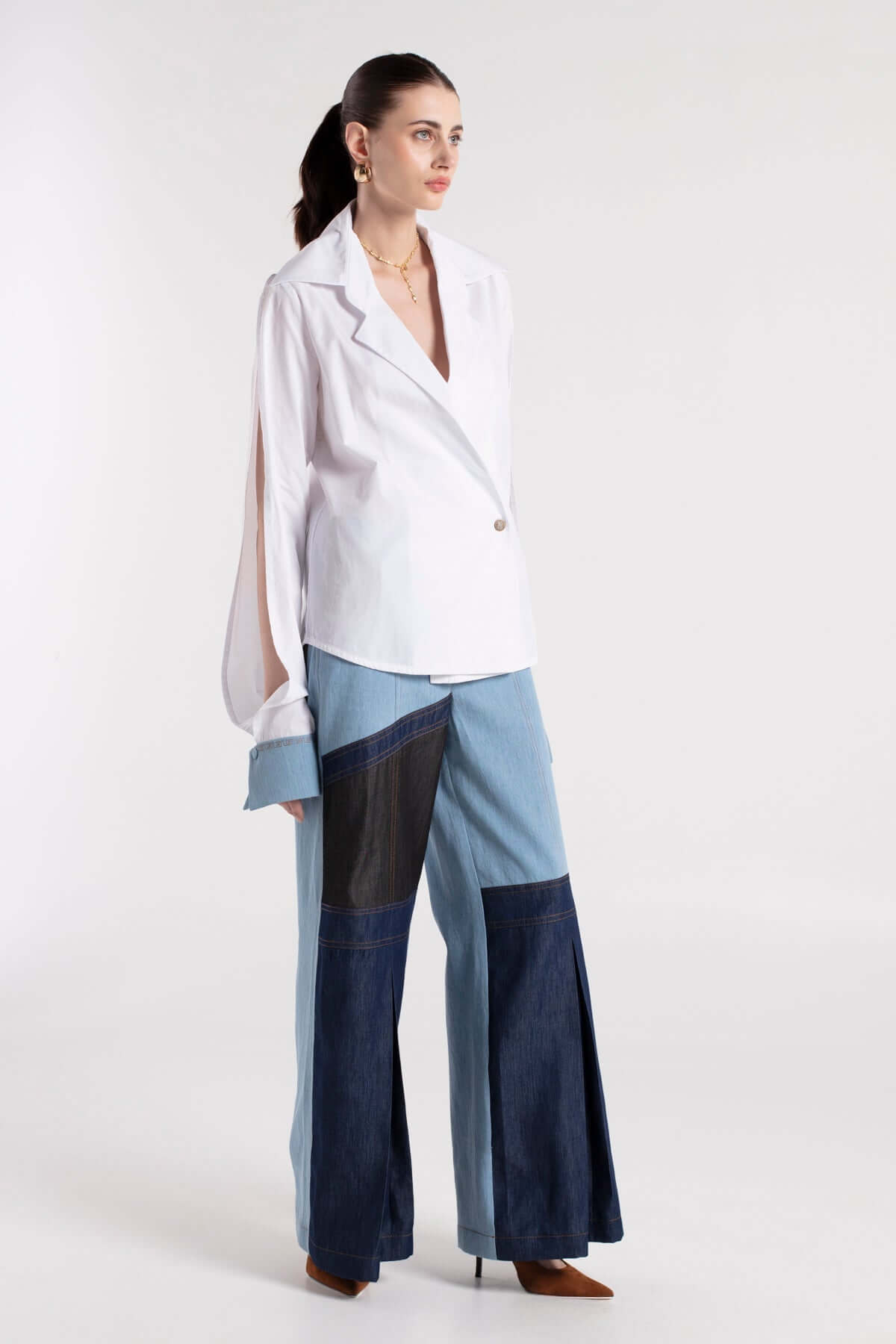 GROV - Wide Collar Double Breasted White Shirt MAYAMU