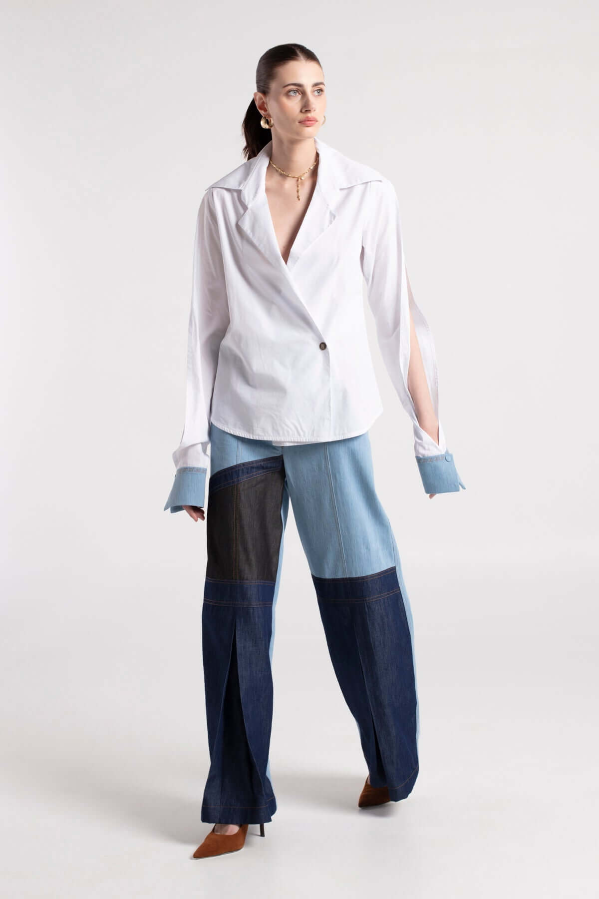 GROV - Wide Collar Double Breasted White Shirt MAYAMU