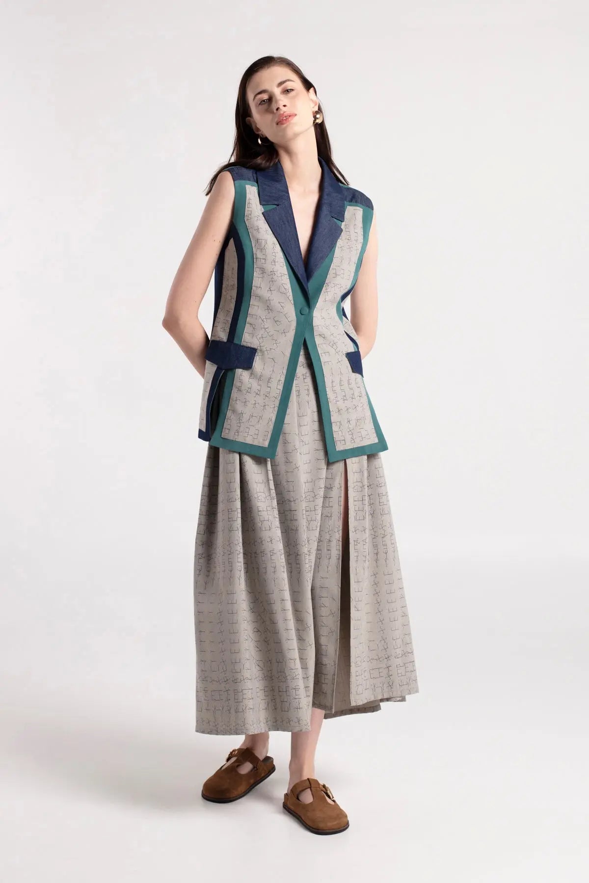 HELENA - Dark Teal Green Vest with Denim & Grey Details MAYAMU