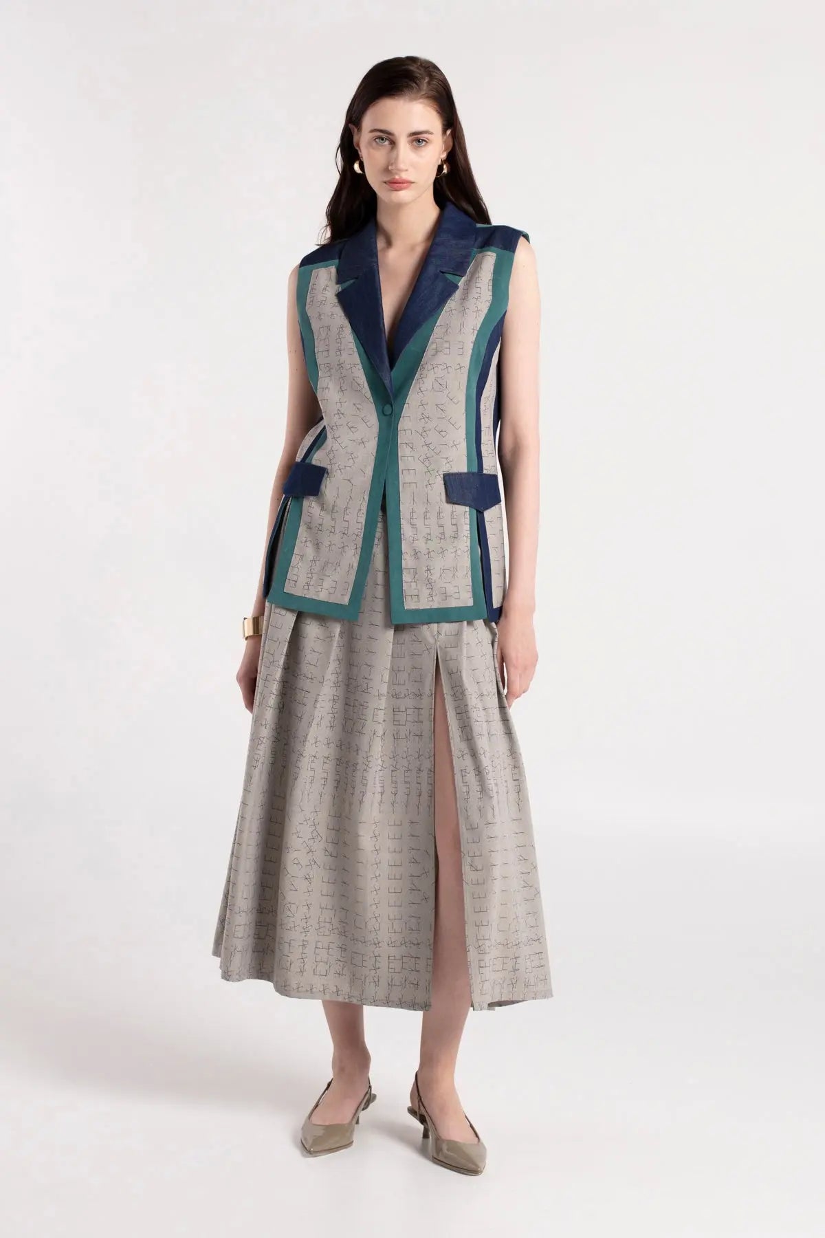 HELENA - Dark Teal Green Vest with Denim & Grey Details MAYAMU