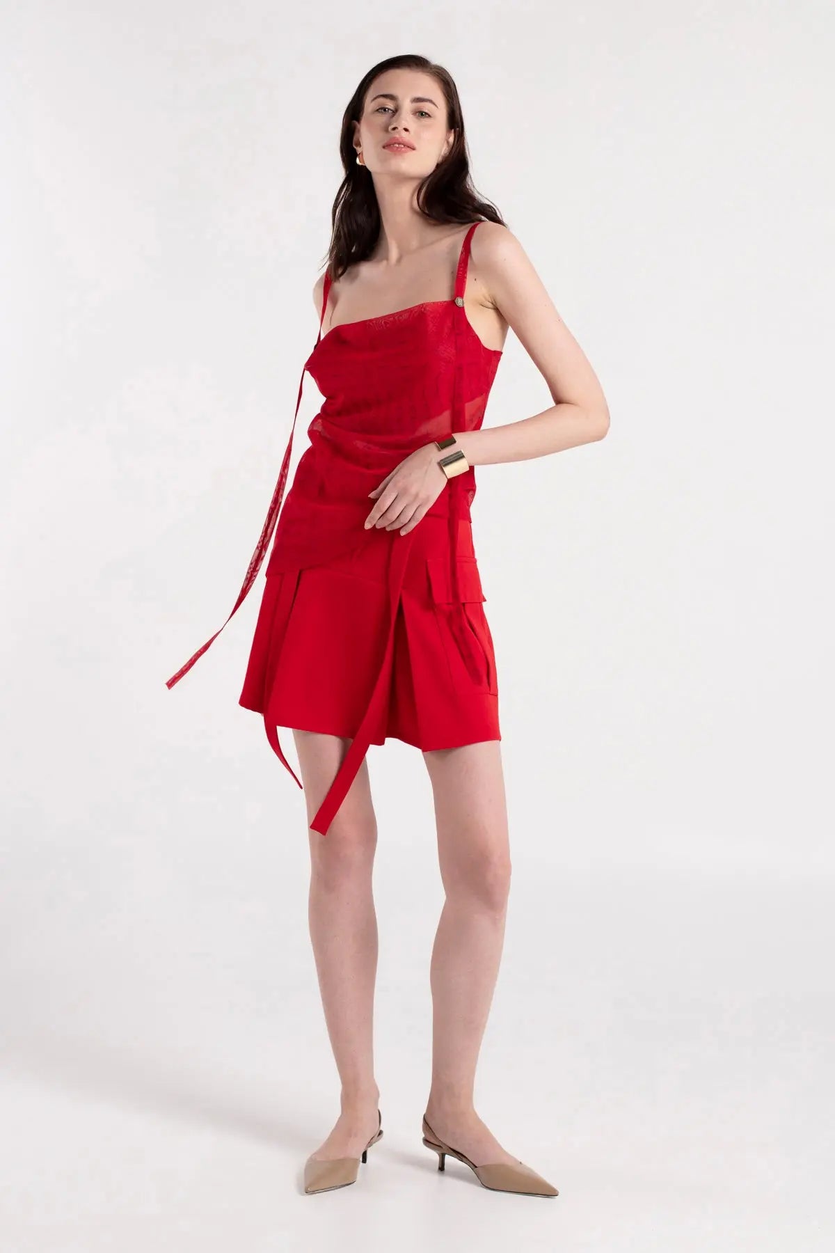 HOLBE - Cowl Neck Long Strap Cross Cut Red Blouse MAYAMU