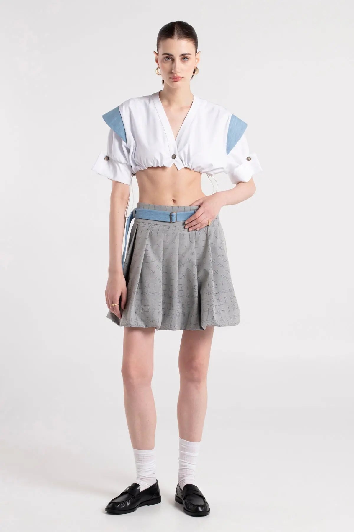 LOTTO - Pleated Mini Puffball Skirt with Denim Belt