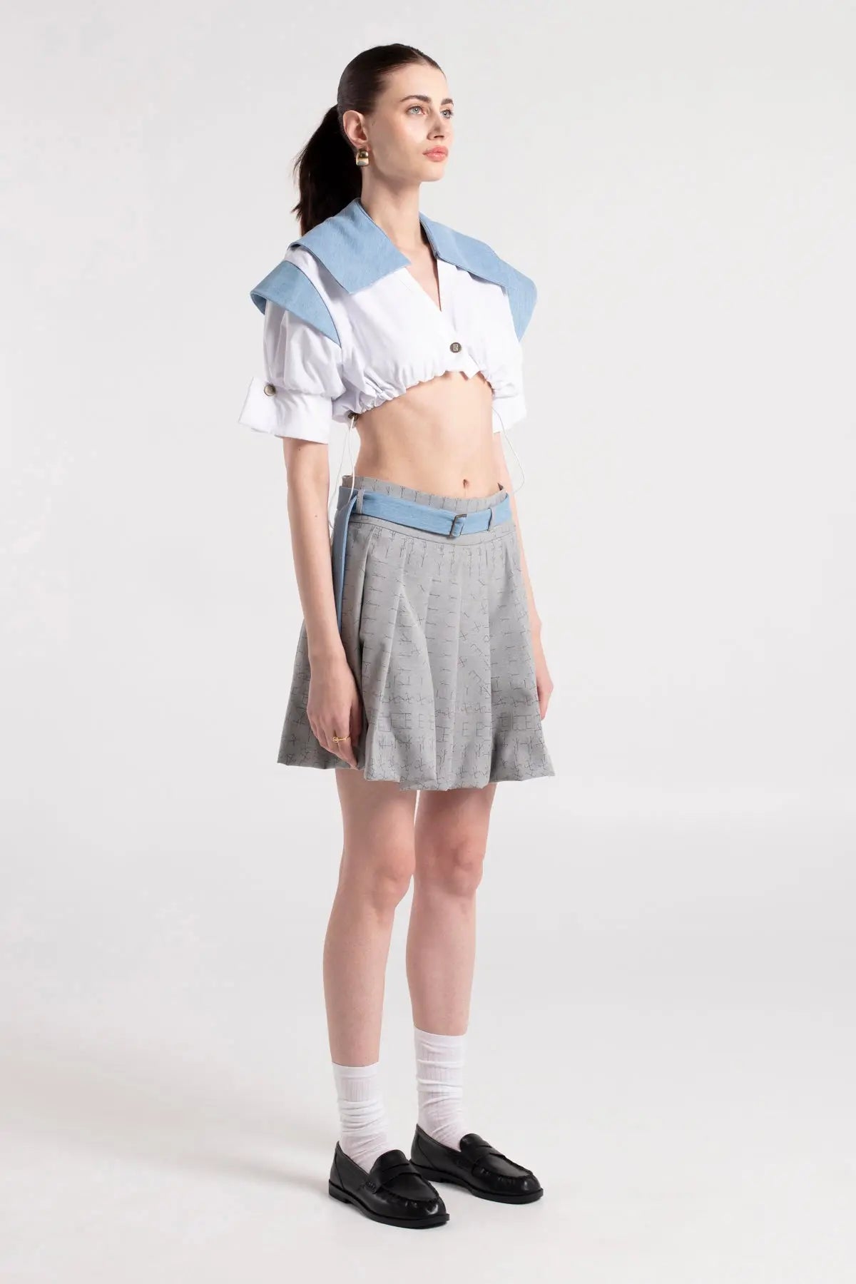 LOTTO - Pleated Mini Puffball Skirt with Denim Belt MAYAMU