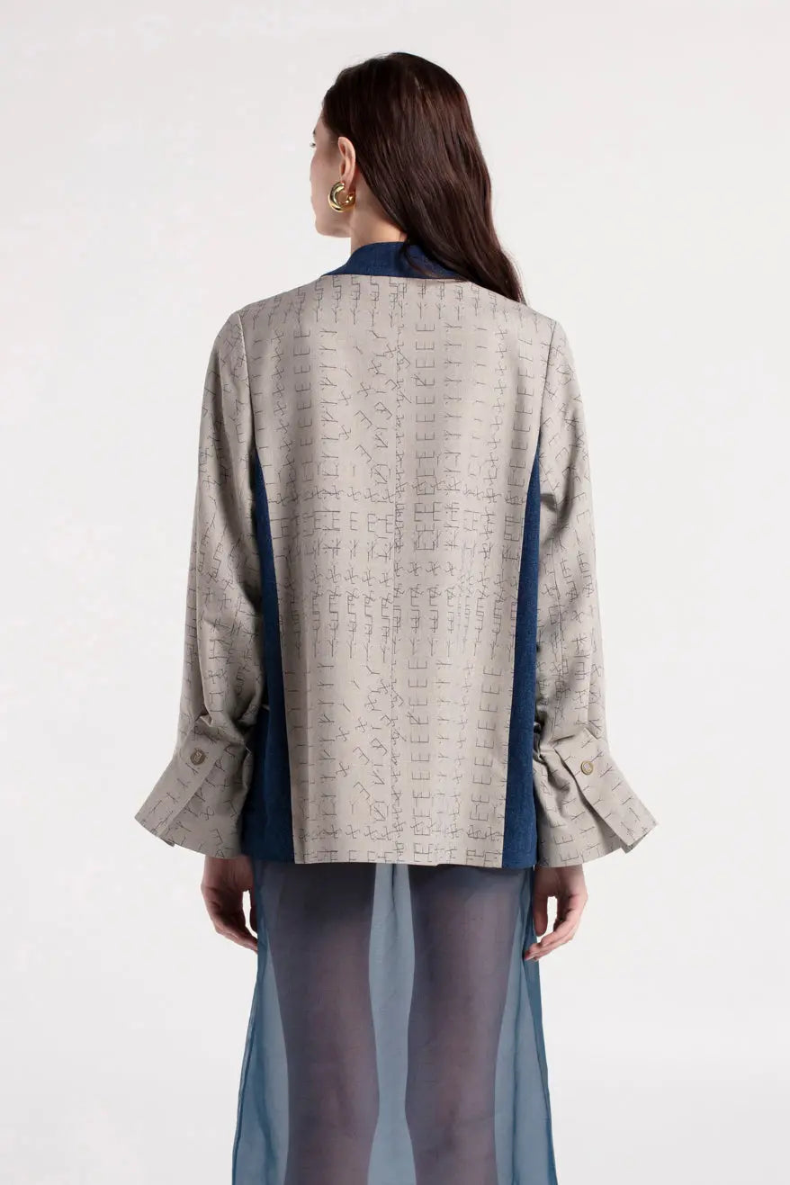 OZ - Denim Detailed Pleated Sleeve Gray Jacket MAYAMU