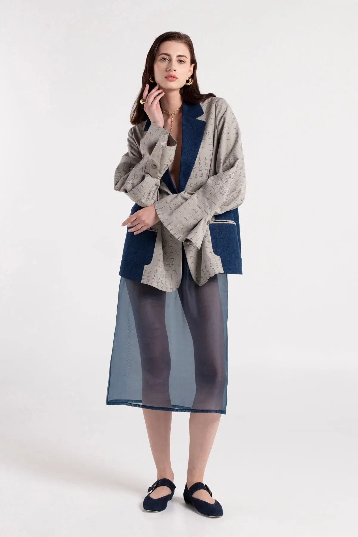 OZ - Denim Detailed Pleated Sleeve Gray Jacket MAYAMU