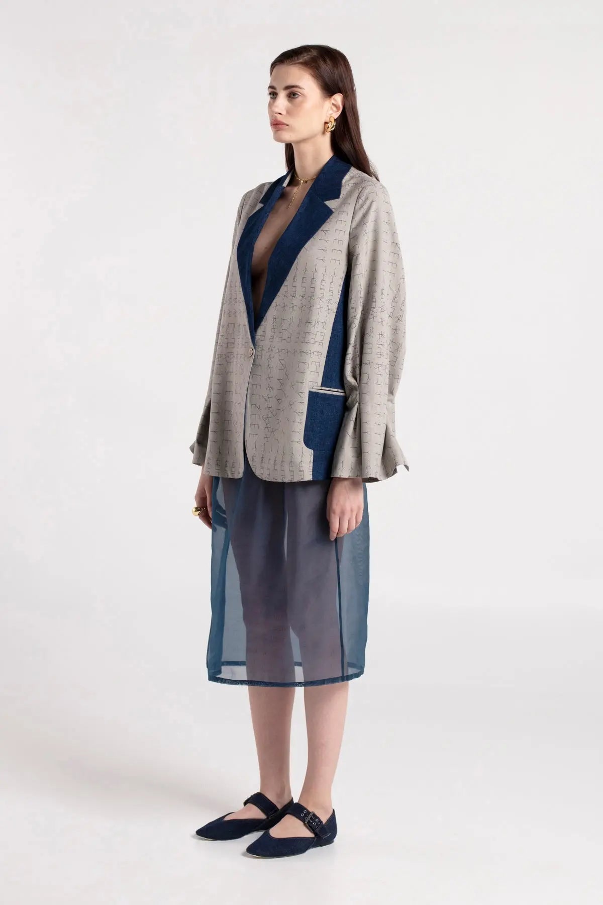 OZ - Denim Detailed Pleated Sleeve Gray Jacket MAYAMU