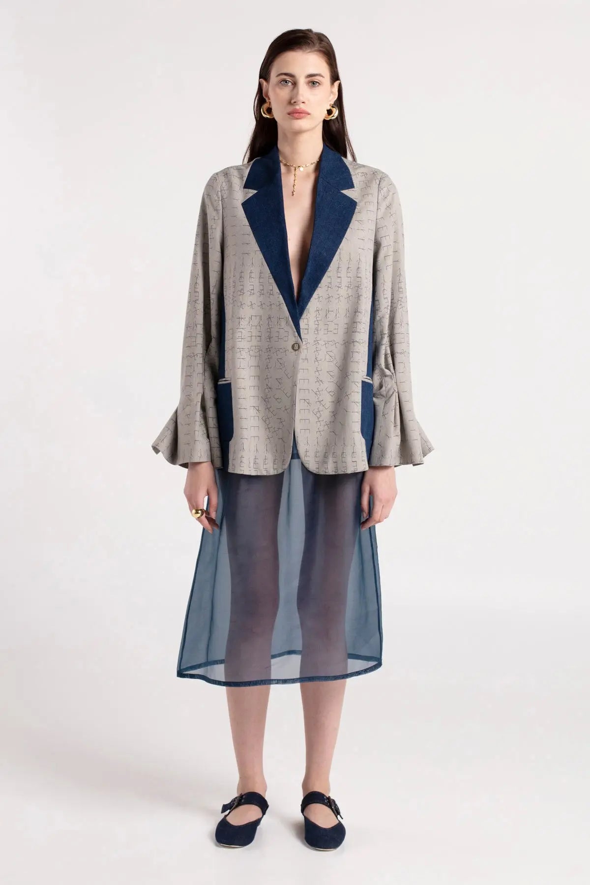 OZ - Denim Detailed Pleated Sleeve Gray Jacket MAYAMU