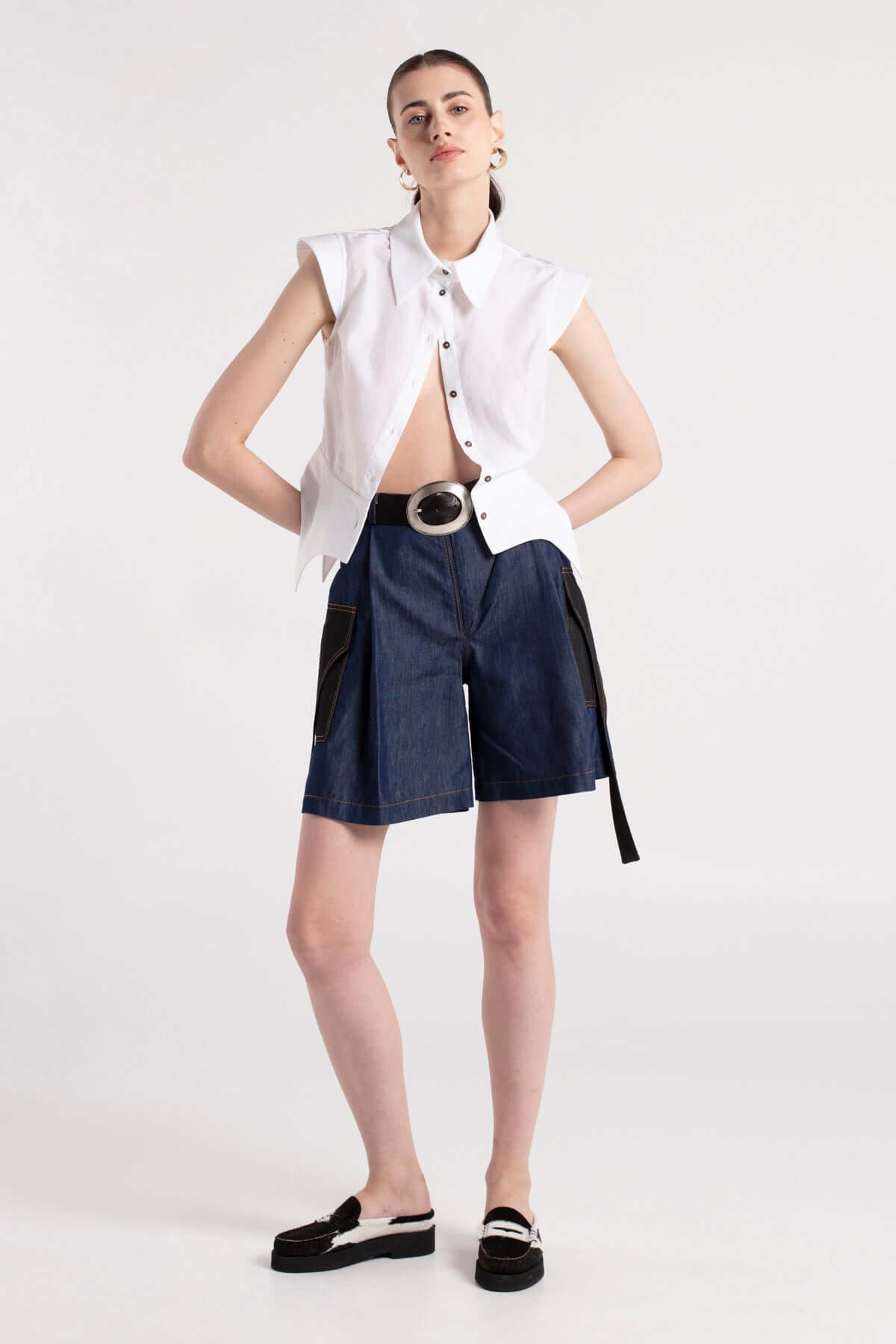 SADE - White Cotton Shirt with Shoulder & Waist Details MAYAMU