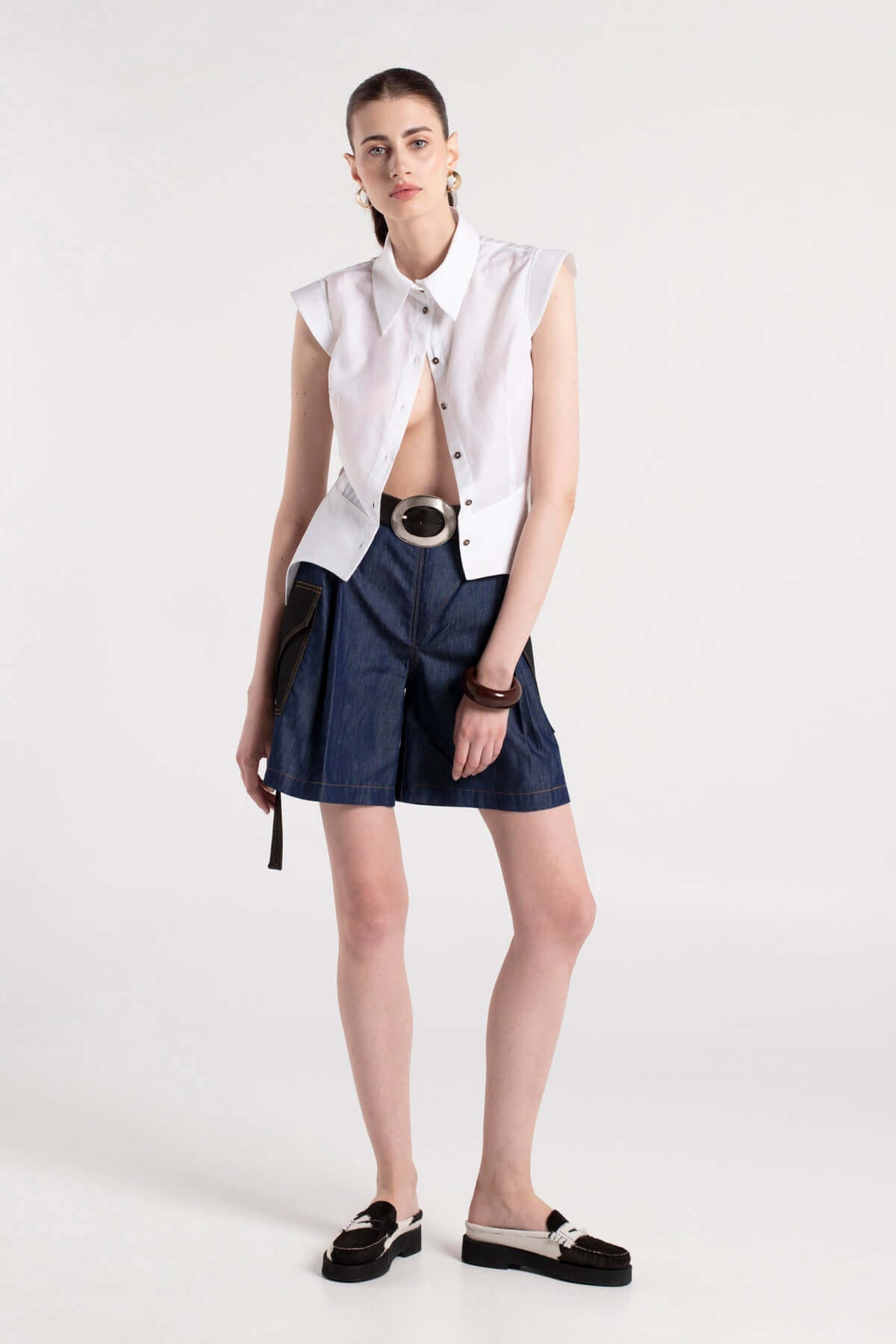 SADE - White Cotton Shirt with Shoulder & Waist Details