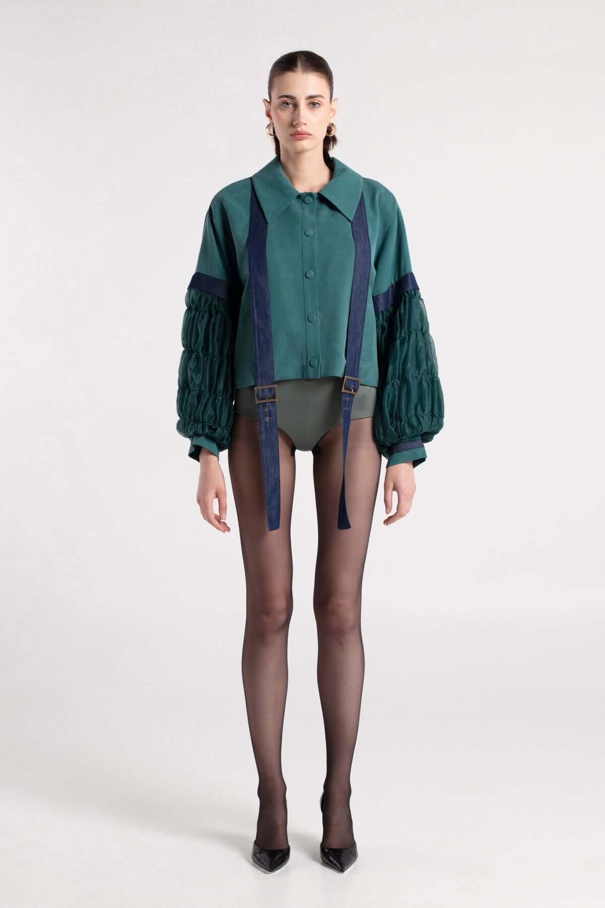 SAKU - Dark Teal Green Jacket with Quilted Sleeve Detail MAYAMU