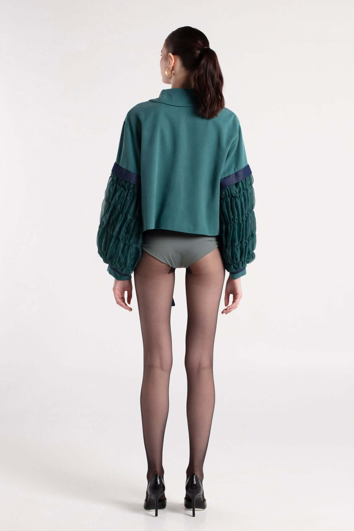 SAKU - Dark Teal Green Jacket with Quilted Sleeve Detail MAYAMU