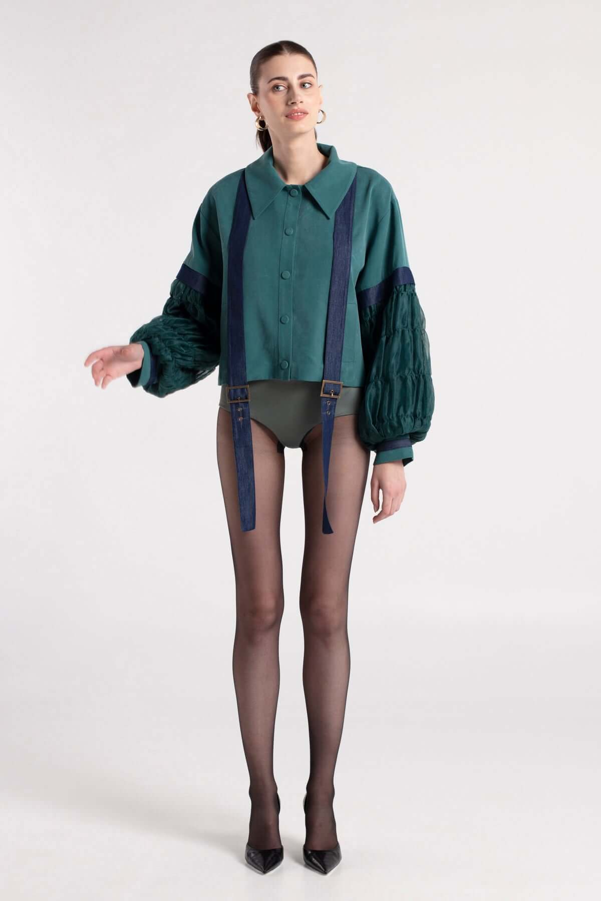 SAKU - Dark Teal Green Jacket with Quilted Sleeve Detail MAYAMU