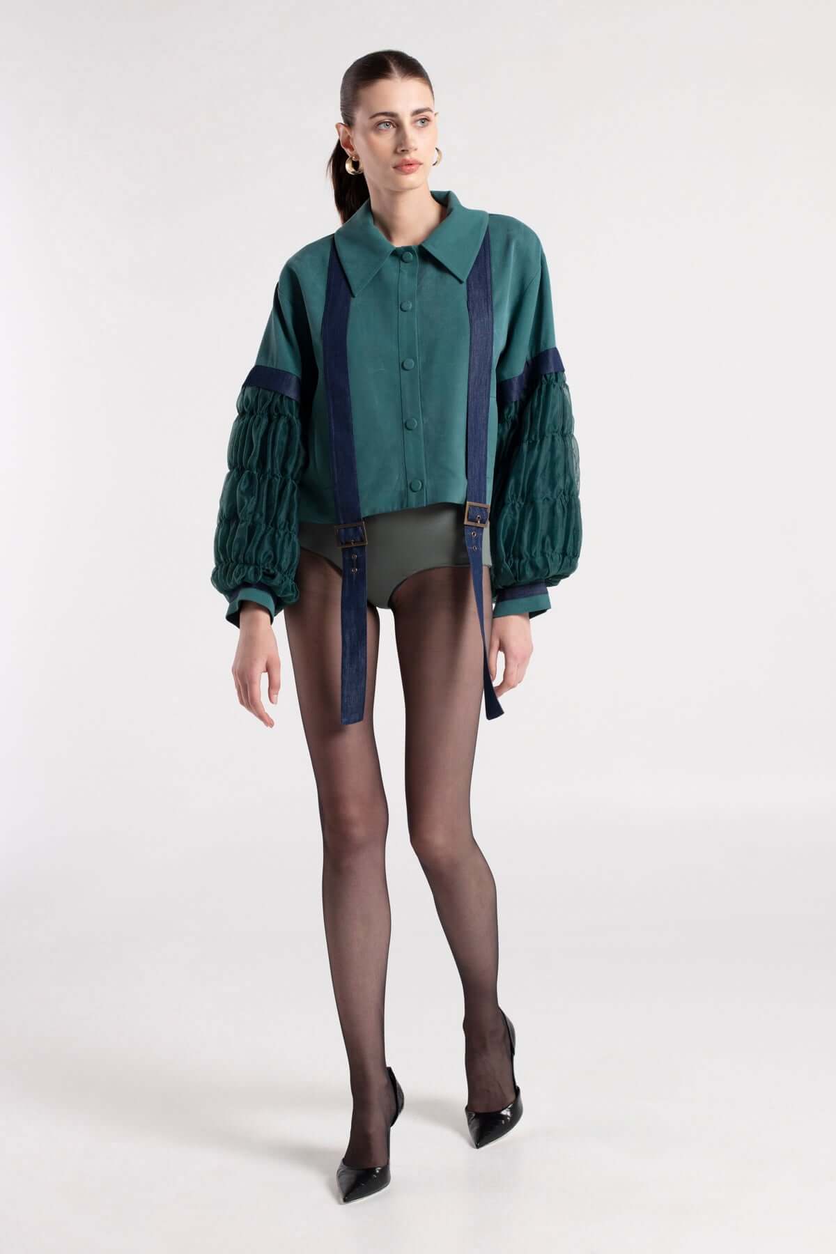 SAKU - Dark Teal Green Jacket with Quilted Sleeve Detail MAYAMU