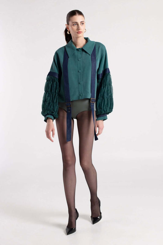 SAKU - Dark Teal Green Jacket with Quilted Sleeve Detail MAYAMU