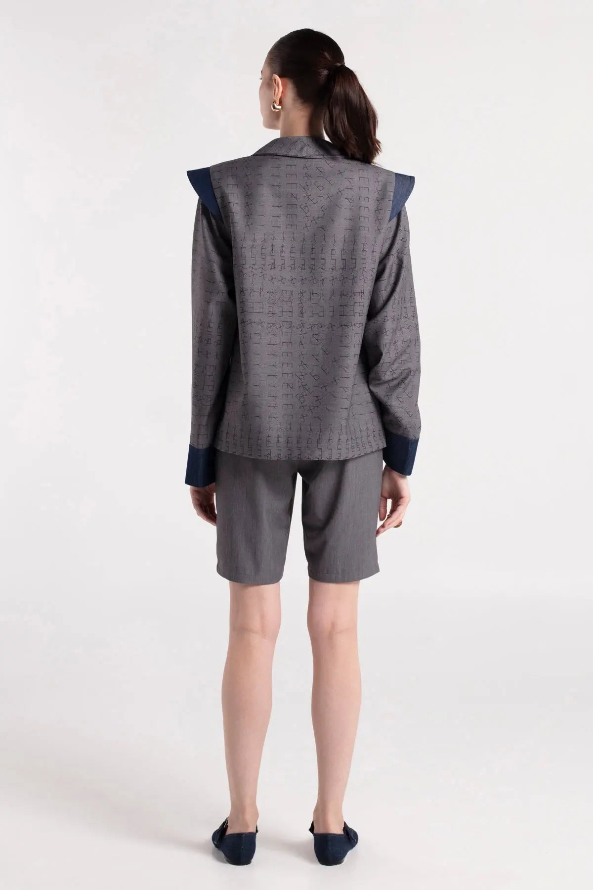 UB - Asymmetric Collar Denim Detailed Oversize Gray Jacket MAYAMU
