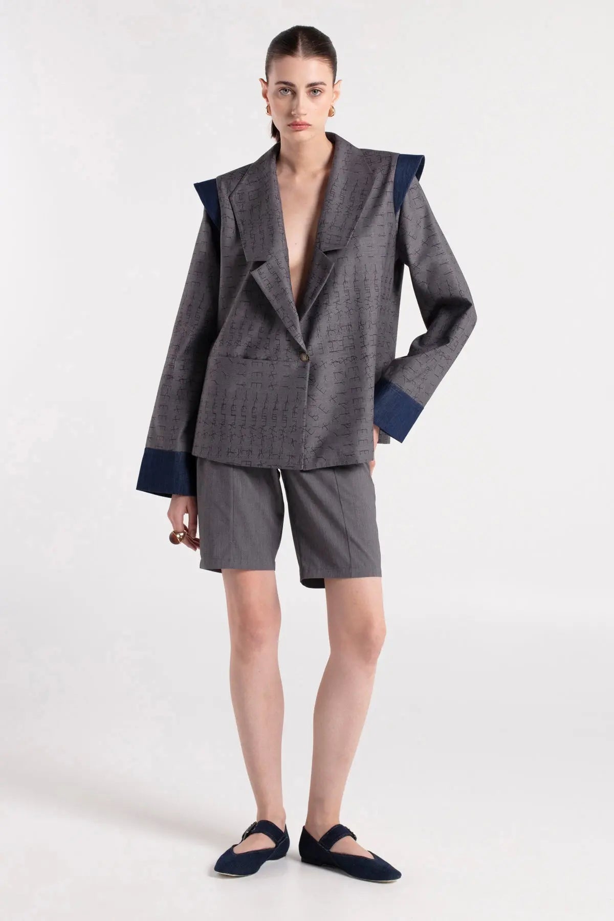 UB - Asymmetric Collar Denim Detailed Oversize Gray Jacket MAYAMU