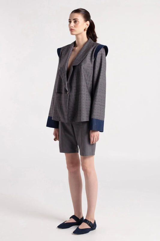 UB - Asymmetric Collar Denim Detailed Oversize Gray Jacket MAYAMU