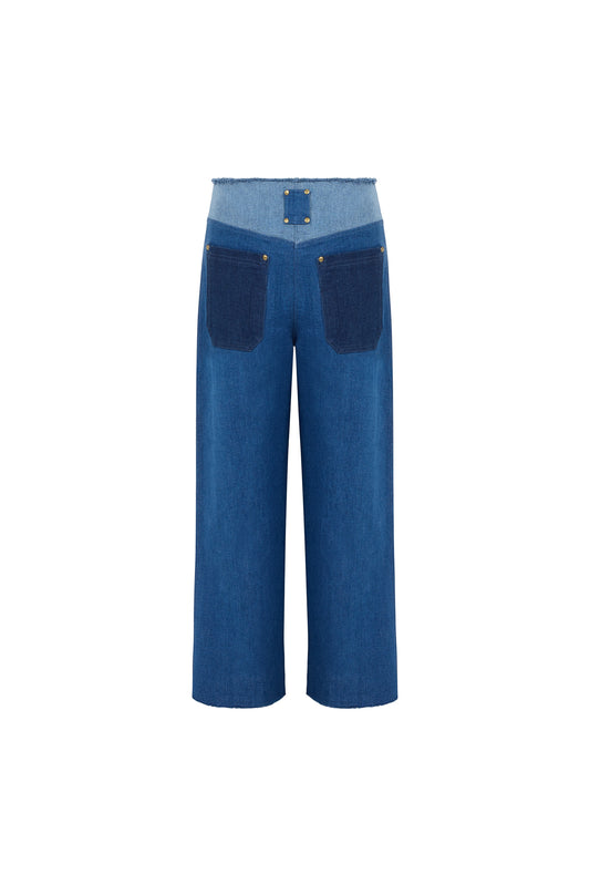 ARDEN - Stud Detailed Pants with Three Different Shades of Denim