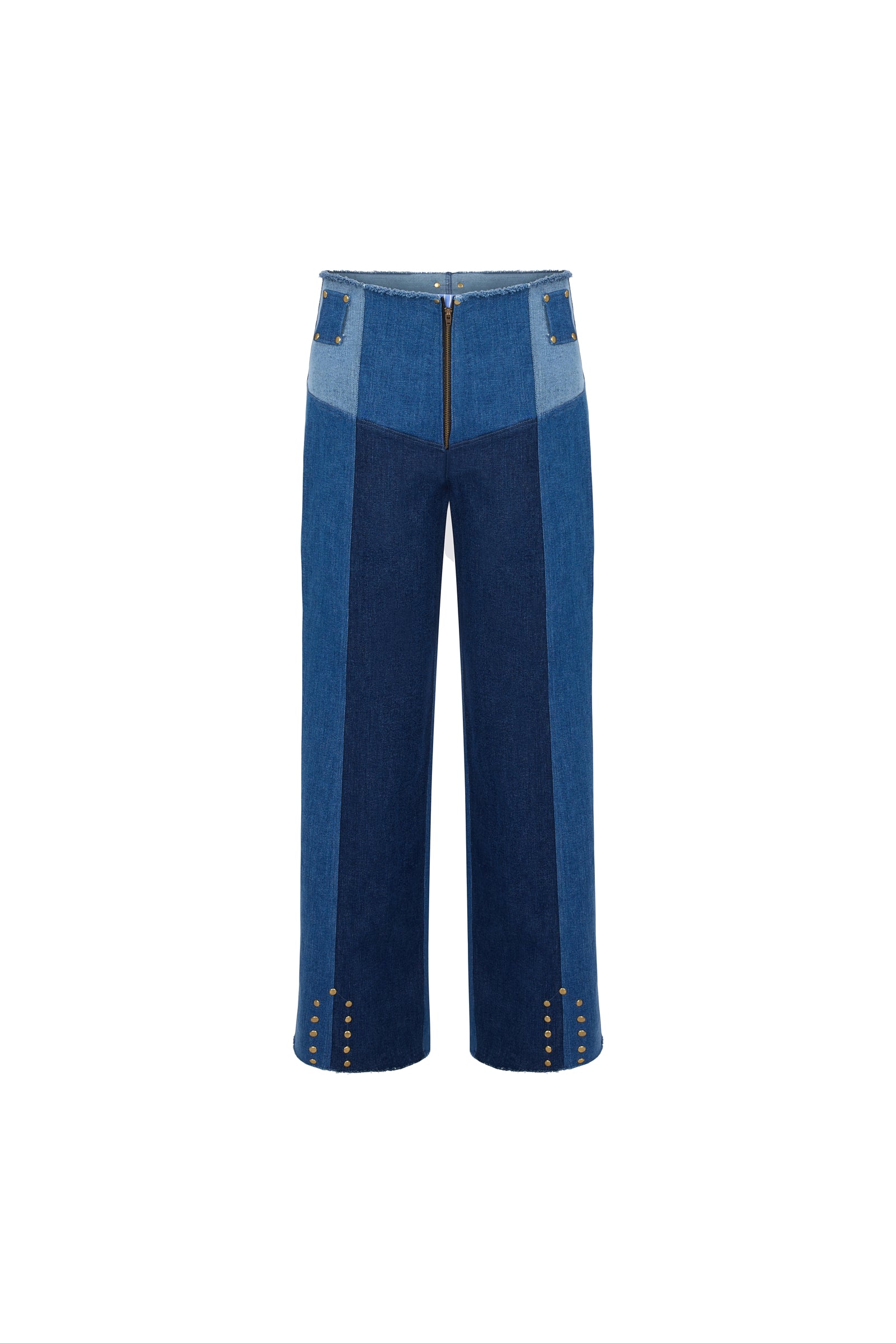 ARDEN - Stud Detailed Pants with Three Different Shades of Denim