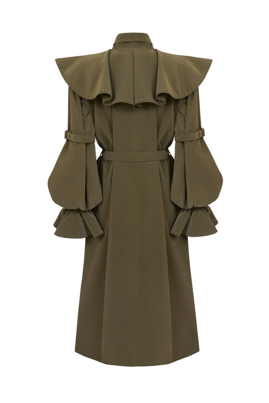 LETA - Ruffle Collar & Sleeve Detailed Green Raincoat