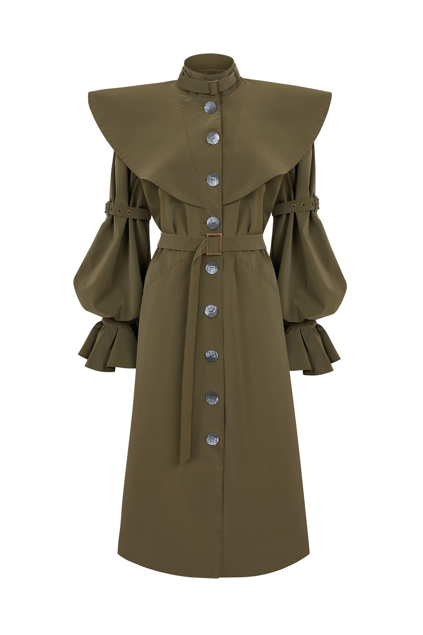 LETA - Ruffle Collar & Sleeve Detailed Green Raincoat