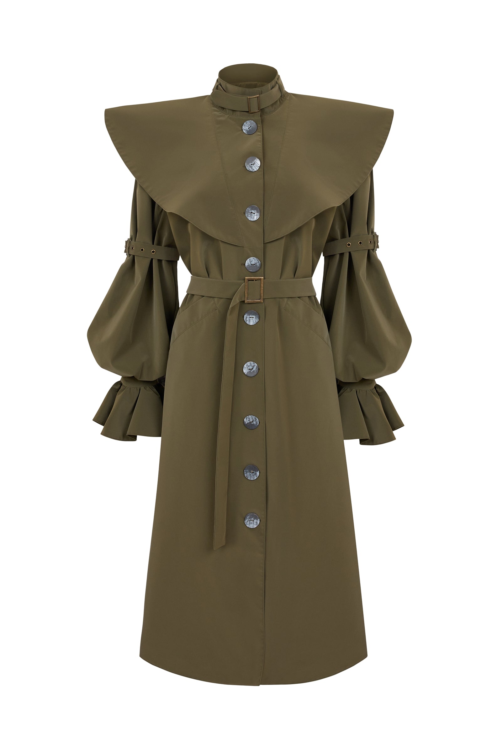 LETA - Ruffle Collar & Sleeve Detailed Green Raincoat
