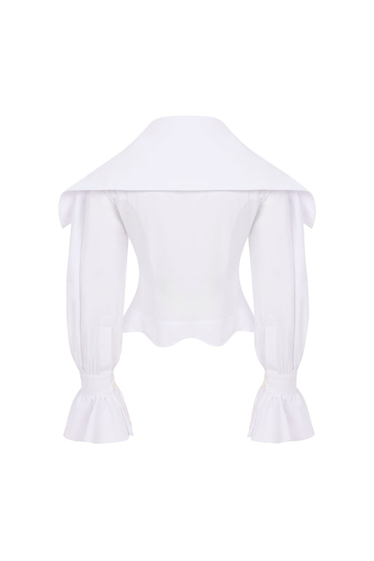 MERRIL - Wide Collar White Shirt with Ruffle Sleeve Detail