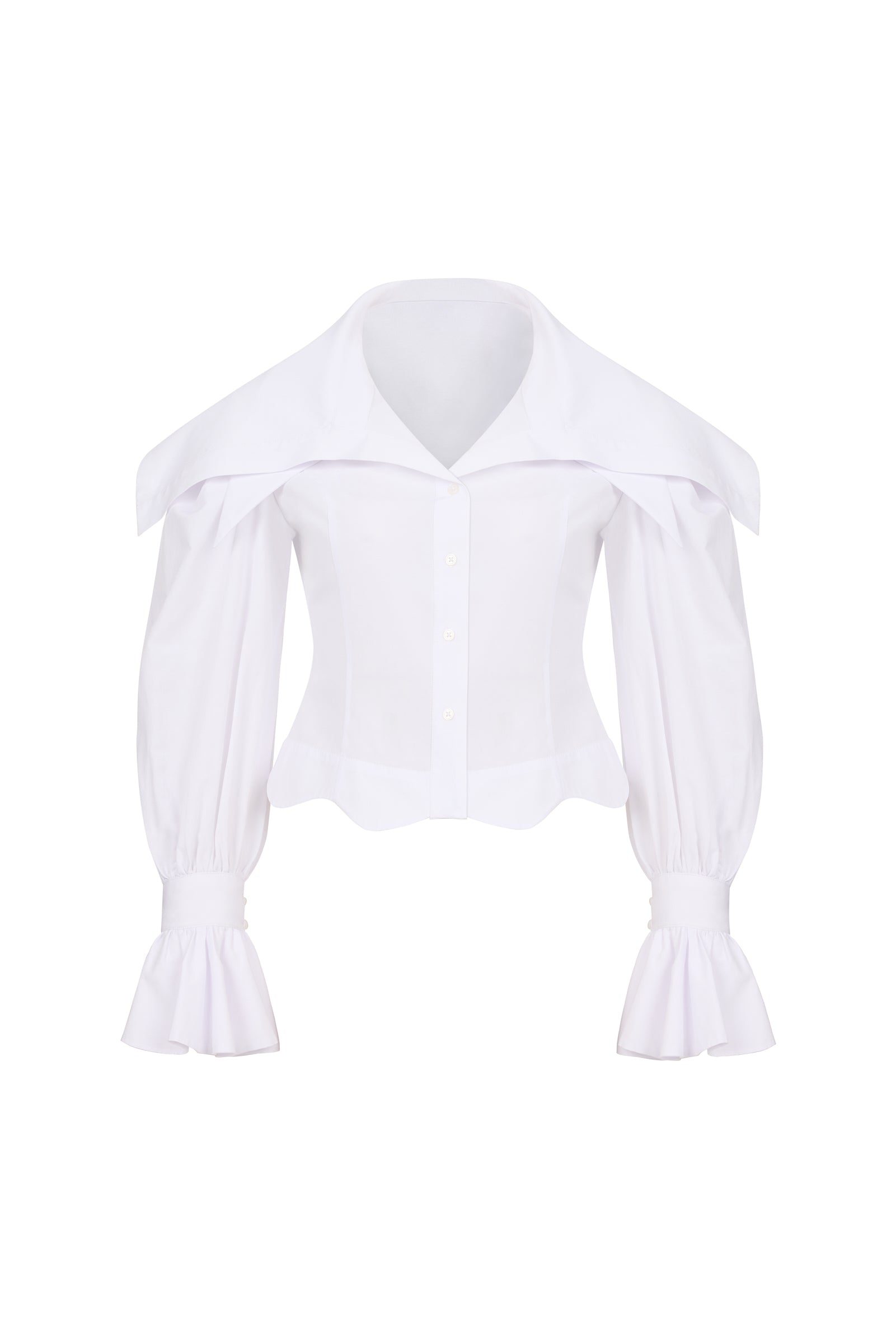 MERRIL - Wide Collar White Shirt with Ruffle Sleeve Detail