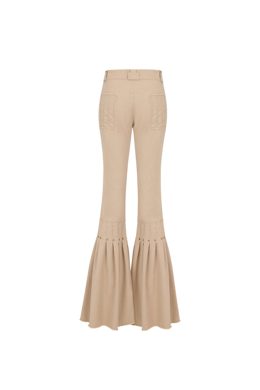 ZELDA - Stud Detailed Beige Canvas Pants with Leg Detail